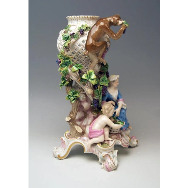 Meissen nice Potpourri vase: Monkey eating wine grapes / lady with boy. The details are stunningly scupltured = finest...