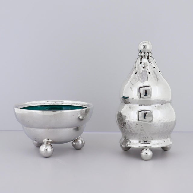 Early 20th Century Georg Jensen Sterling Silver & Enamel Pepper Shaker and Salt Cellar Pair #410 For Sale - Image 5 of 13