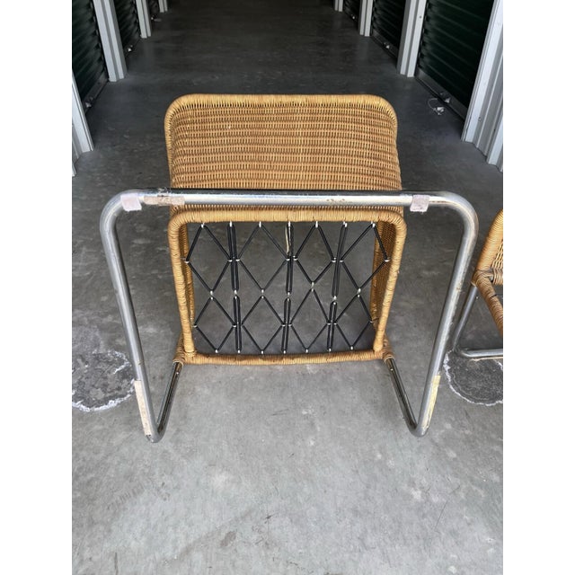Brown Harvey Probber Style Vintage Unmarked Chrome Tube Cantilever Wicker Lounge Arm Chairs For Sale - Image 8 of 12