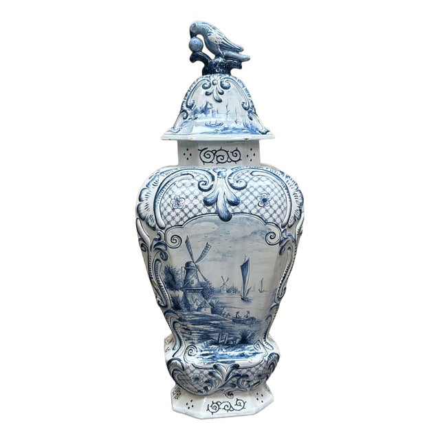 Large 19th Century Baluster Vase with Parrot Motif, Holland For Sale