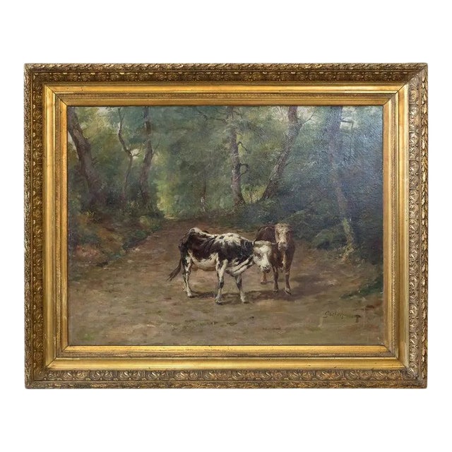 19th Century French Painting of Cows on a Forest Path by Emile Godchaux, Signed For Sale
