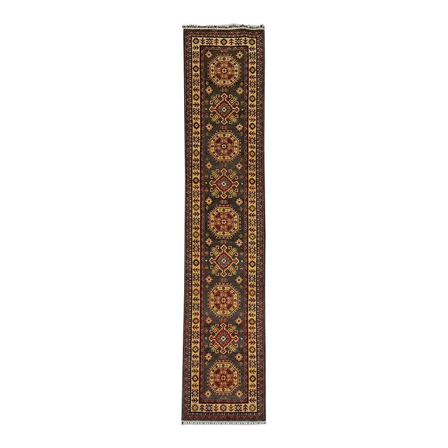 Charcoal Gray and Cream Kazak-Style Wool Runner Rug, 2'7" X 13'1" For Sale