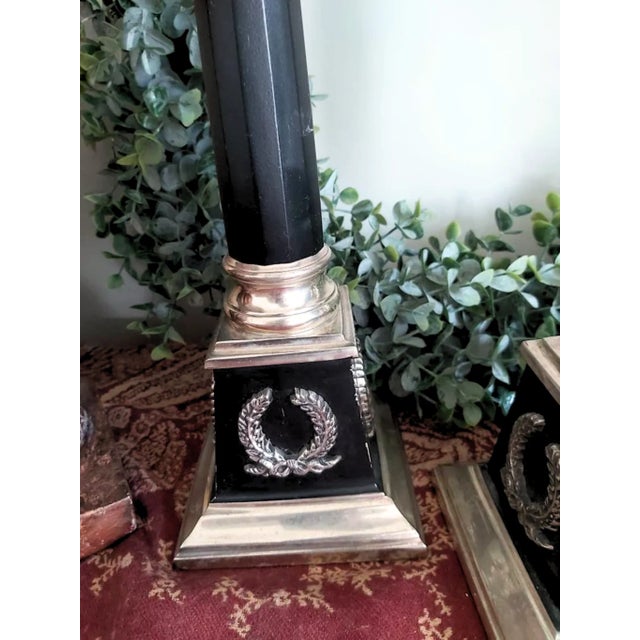 Traditional Empire Style Candle Holders Vintage Bombay Silver Plated Candlesticks Candle Holders With Laurel Design- A Pair For Sale - Image 3 of 3