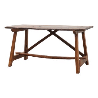 Spanish Rustic Trestle Table with Drawer and X-Stretchers, 1800s For Sale