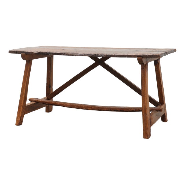 Spanish Rustic Trestle Table with Drawer and X-Stretchers, 1800s For Sale