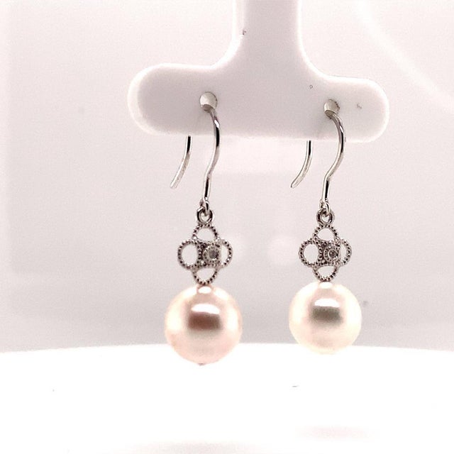 Traditional Diamond Akoya Pearl Earrings 14 Karat White Gold Certified For Sale - Image 3 of 10
