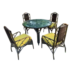 Late 20th Century Vintage Bamboo Round Dining Table With 4 Cane Seat Chairs With Yellow Cushions - Set of 5