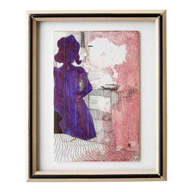 Framed Silloutte of a Girl in Watercolor and Ink For Sale
