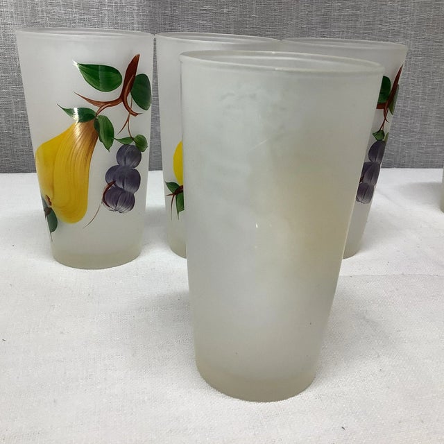 Canary Yellow Mid-Century Hazel Atlas Frosted Hand Painted Pear and Grape Glasses - Set of 6 For Sale - Image 8 of 11