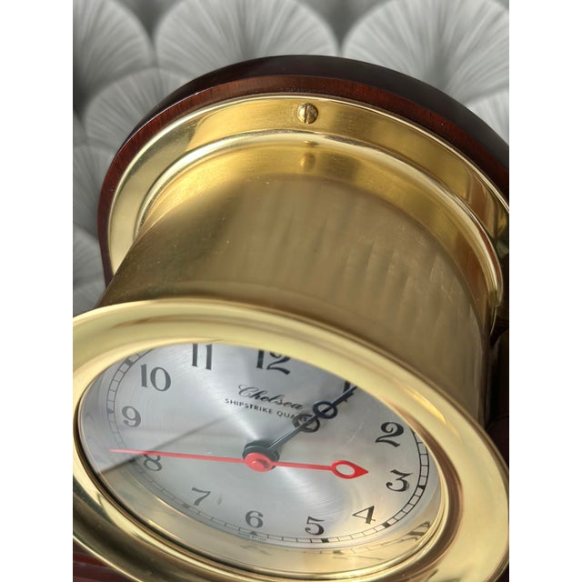 Brass 5.5" Brass Chelsea Shipstrike Quartz Mantel/Desk Clock and Traditional Wooden Base For Sale - Image 8 of 11
