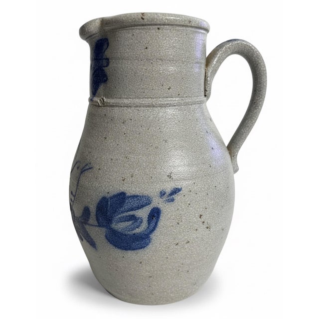 Vintage Rowe Pottery Works Wisconsin Salt-Glazed Stoneware Cobalt Bird Pitcher For Sale - Image 4 of 8