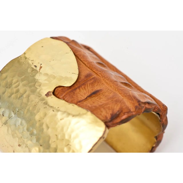 Studio Signed Hand Hammered Brass and Brown Leather Wide Cuff Bracelet 2000 For Sale - Image 4 of 9