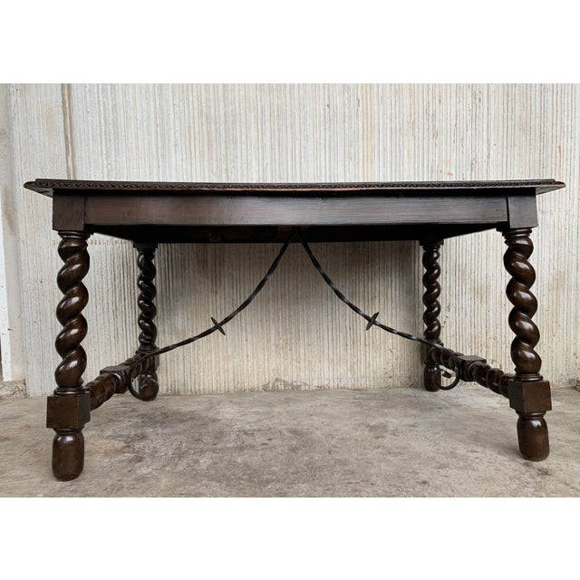 Wood 19th Spanish Baroque Walnut Solomonic Leg Fratino Dining Table With Iron Stretcher For Sale - Image 7 of 12
