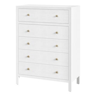 Nora 36 in. W Rectangular Wood 5 Drawer Tall Dresser, White For Sale