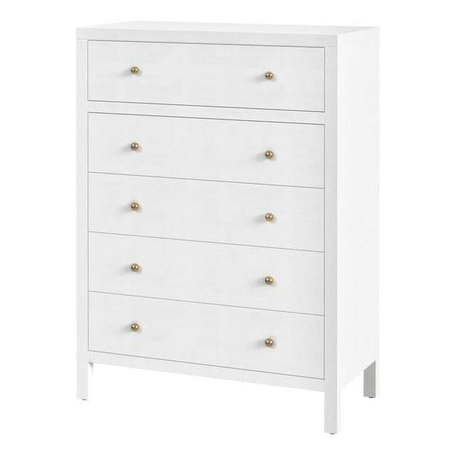 Nora 36 in. W Rectangular Wood 5 Drawer Tall Dresser, White For Sale