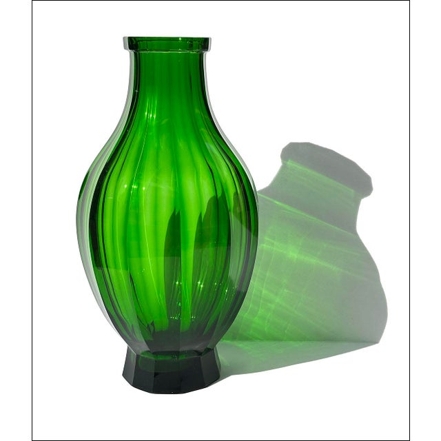 Vintage Facet Cut Emerald Green Czech Art Glass Vase For Sale - Image 4 of 9