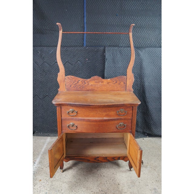 Brown Antique Victorian Quartersawn Oak Chest Washstand Dry Sink W Towel Bar Rack For Sale - Image 8 of 12