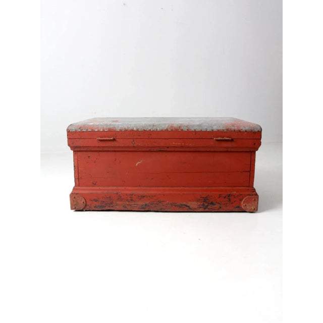 Wood Antique Galvanized Top Wooden Chest For Sale - Image 7 of 12
