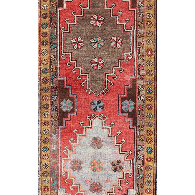 Vintage Turkish Oushak Runner With Sub-Geometric Tribal Medallions in Brown, Red For Sale - Image 4 of 8