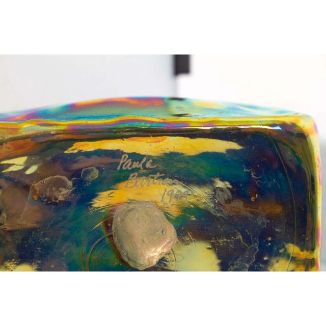 1970s Paula Bartron Signed Postmodern Iridescent Glass Decanter With Flower Design Top For Sale - Image 4 of 12