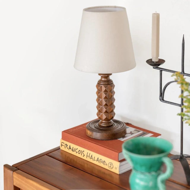 Carved wood table lamp from France, 1940s. Beautiful carved chevron design on stem with original dark wood finish. New...