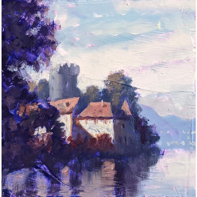 Chateau on the Lake by Christopher Clark | Oil on Artefex ACM panel of a castle by a lake For Sale