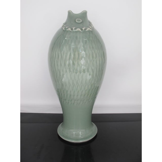 Chinese Green Glossy Celadon Open Mouth Fish Vase Chairish
