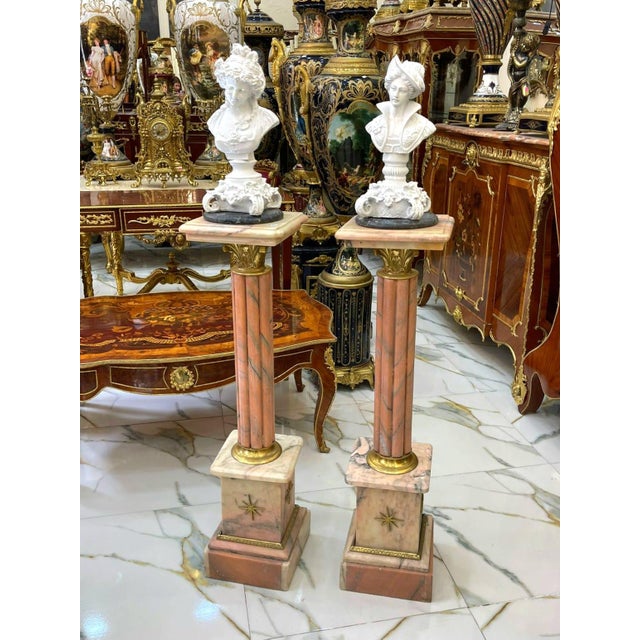 Rococo Rococo Style Pink Pedestal Column Set – Marble Top Gold Leaf For Sale - Image 3 of 3
