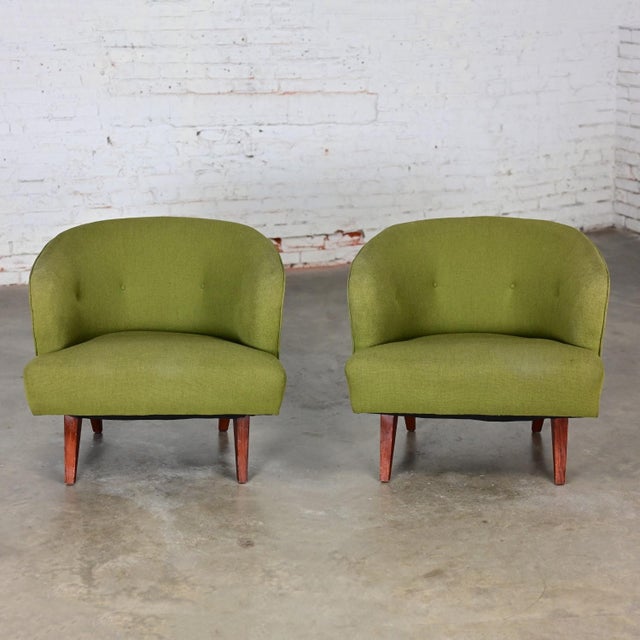 Mid-Century Modern Mid-20th Century Art Deco to Mid-Century Modern Green Bucket or Barrel Style Accent or Lounge Chairs a Pair For Sale - Image 3 of 12