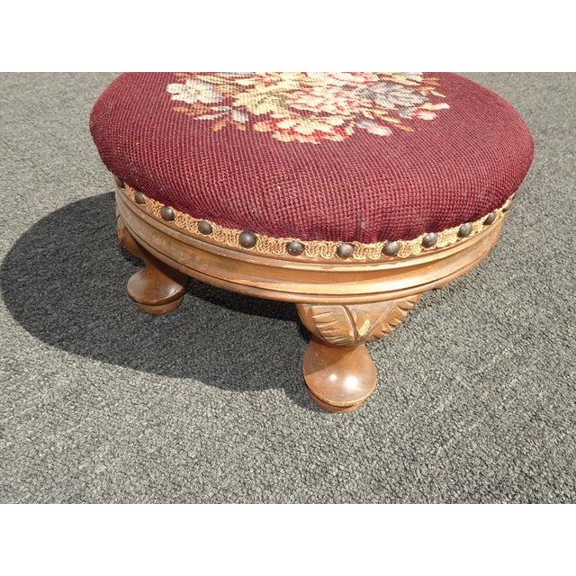 Footstool ~ Vintage French Country Burgundy Floral Round Needlepoint Footstool#2 For Sale - Image 9 of 14
