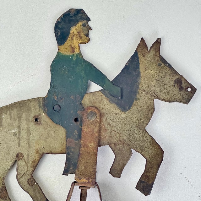 Antique Folk Art Sheet Metal Rider on Horse/Mule Toy/Sculpture, Hand Painted For Sale In New York - Image 6 of 13
