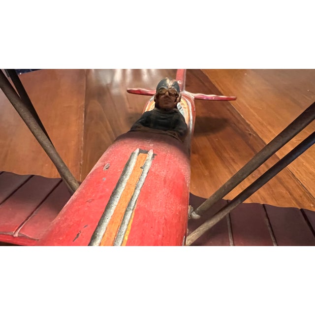 Early 1900‘s Wooden “Red Baron” Toy Bi-Plane Airplane, Collector’s Item. For Sale - Image 4 of 7
