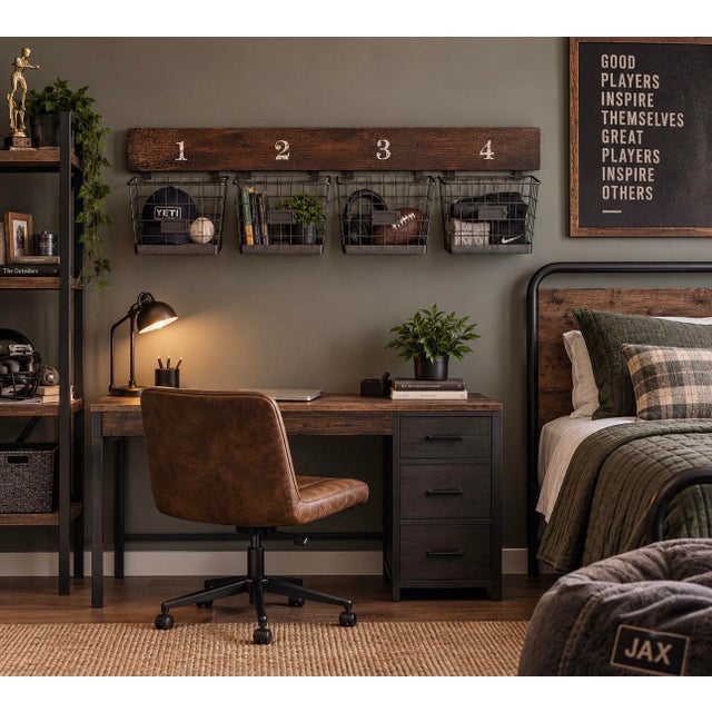 Pottery Barn Rustic Industrial 4-Basket Wall Organizer With Numbered Wood Backboard For Sale - Image 9 of 12
