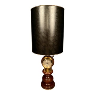 Mid 20th Century Large Brass & Mahogany Nautical Desk Lamp With Clock and Barometer Swivel Head For Sale