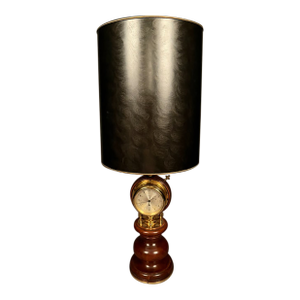 Mid 20th Century Large Brass & Mahogany Nautical Desk Lamp With Clock and Barometer Swivel Head