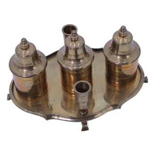 1980s Mottahedeh Winterthur Brass Inkwell Standish Set W. Candle Holder For Sale