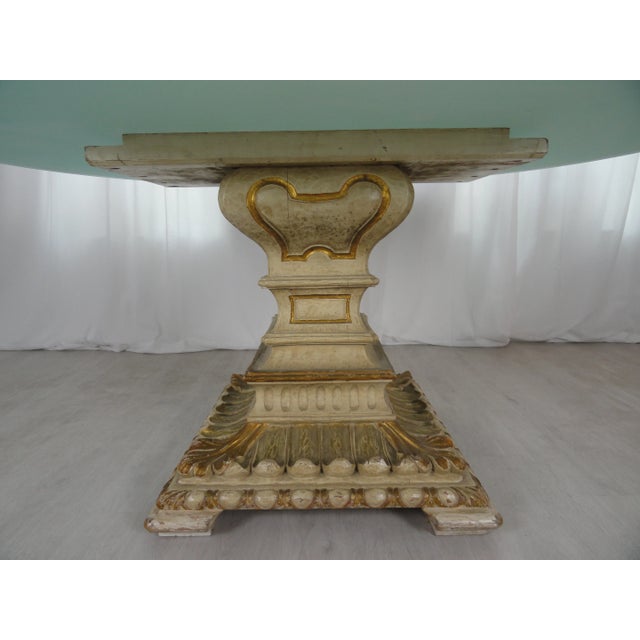 19th century neoclassical Italian table base. Carved wood base with original parcel-gilt. Shown with 59" sandblasted glass...