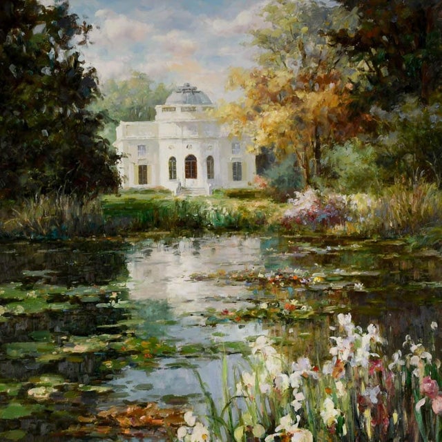 Lush and luminous, this signed oil on canvas by Zhao Song captures the serene beauty of The Garden at Château de Bagatelle...