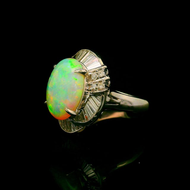 3.67 Carat Australian Crystal Opal Diamond Platinum Swirl Ring, Size 7.75 For Sale - Image 4 of 5