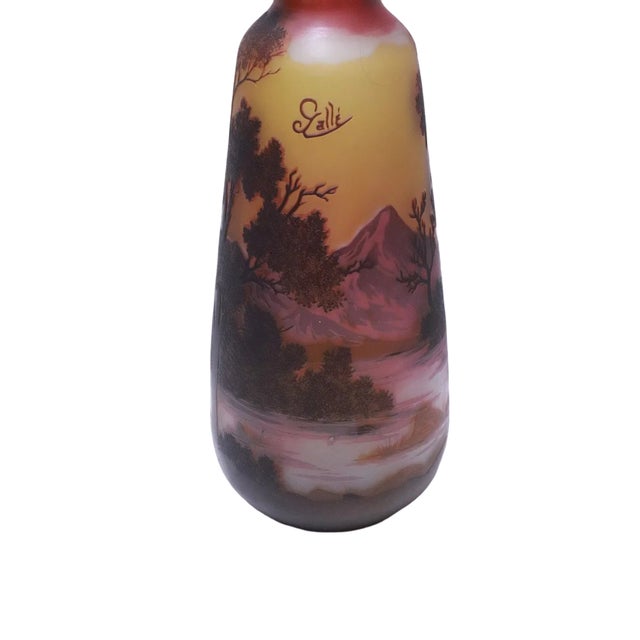 French Antique Emile Gallé Style French Art Nouveau Landscape Glass Vase, 14.3" For Sale - Image 3 of 10