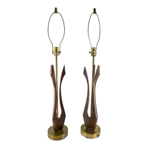 Mid-Century Modern Walnut and Brass Table Lamps After Adrian Pearsall