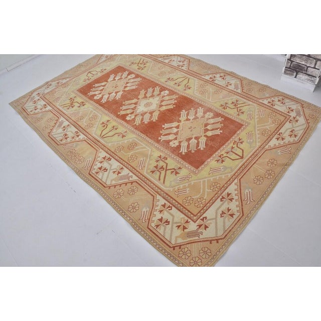 Turkish Vintage Hand-Knotted Anatolian Wool Rug With Geometric Floral Medallions, Terracotta and Cream For Sale - Image 3 of 10