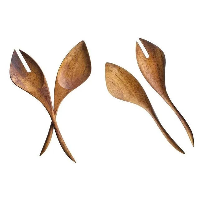 Arthur Umanoff Mid-Century Carved Wood Salad Set, Bowls and Serving Utensils-Set of 9 For Sale In Miami - Image 6 of 12