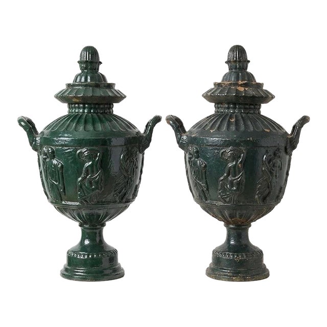 Vintage Cast Iron Urns With Classical Figural Reliefs For Sale