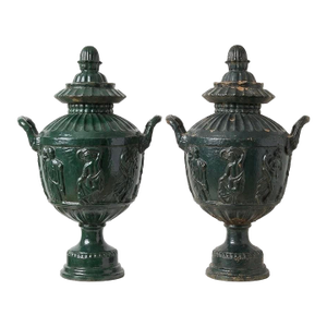 Vintage Cast Iron Urns With Classical Figural Reliefs