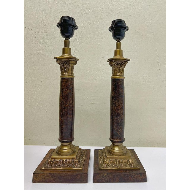 Faux Marble and Brass Column Table Lamps, 1980s, Set of 2 For Sale - Image 10 of 13