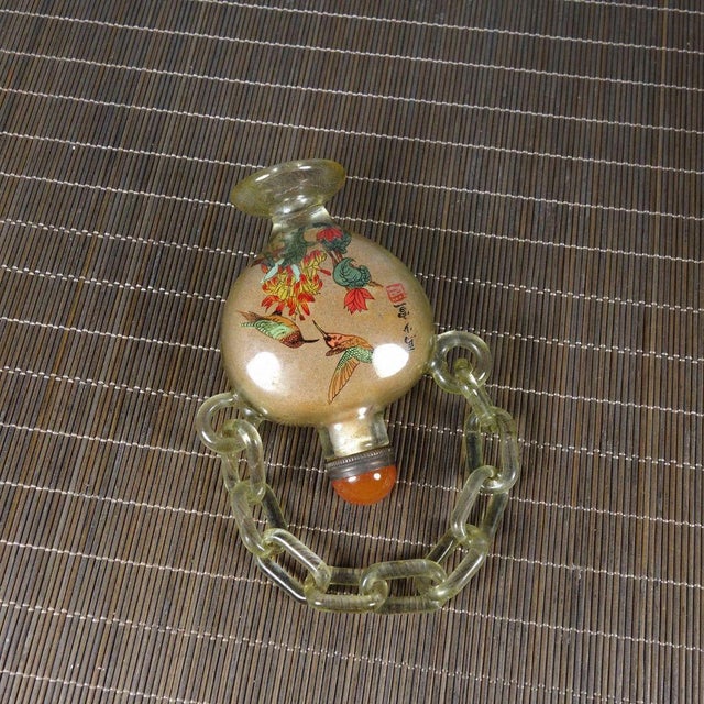 Hand-Painted Glass Snuff Bottle With Chain and Bird Motif For Sale - Image 9 of 9