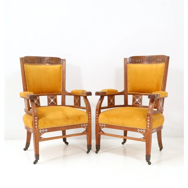Set of Art Nouveau Arts and Crafts Armchairs in Oak by Royal H.F. Jansen & Zonen Amsterdam For Sale - Image 11 of 11