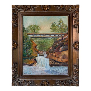 Vintage Irv Latimer Waterfall Landscape Oil on Masonite Board Painting – Framed For Sale