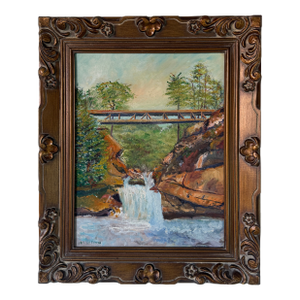 Vintage Irv Latimer Waterfall Landscape Oil on Masonite Board Painting – Framed